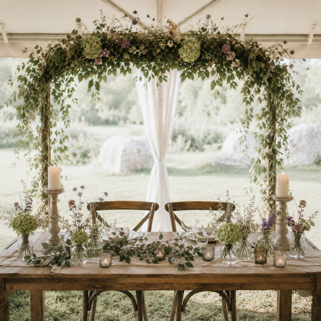 hochzeit im zelt deko brauttisch